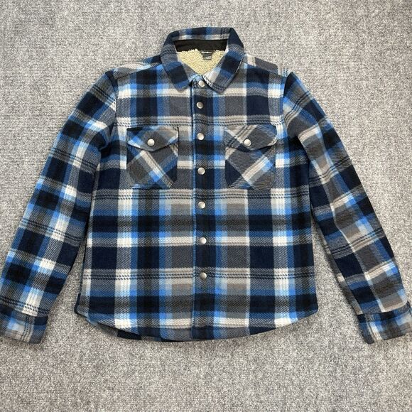 Eddie Bauer Sherpa Lined Flannel Jacket Boys 10-12 Snap Front Blue Plaid Shacket - Picture 1 of 12